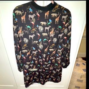 Zara long sleeve black mini dress with animal safari print; buttons in back